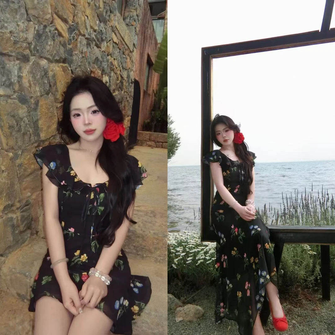 刘婆子店铺款【水果蛋糕】法式荷叶边显瘦碎花裙不规则裙摆D1882