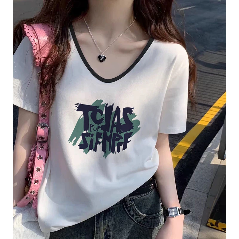 美式复古短袖V领T恤女2025春夏季设计感撞色拼接时尚显瘦上衣潮