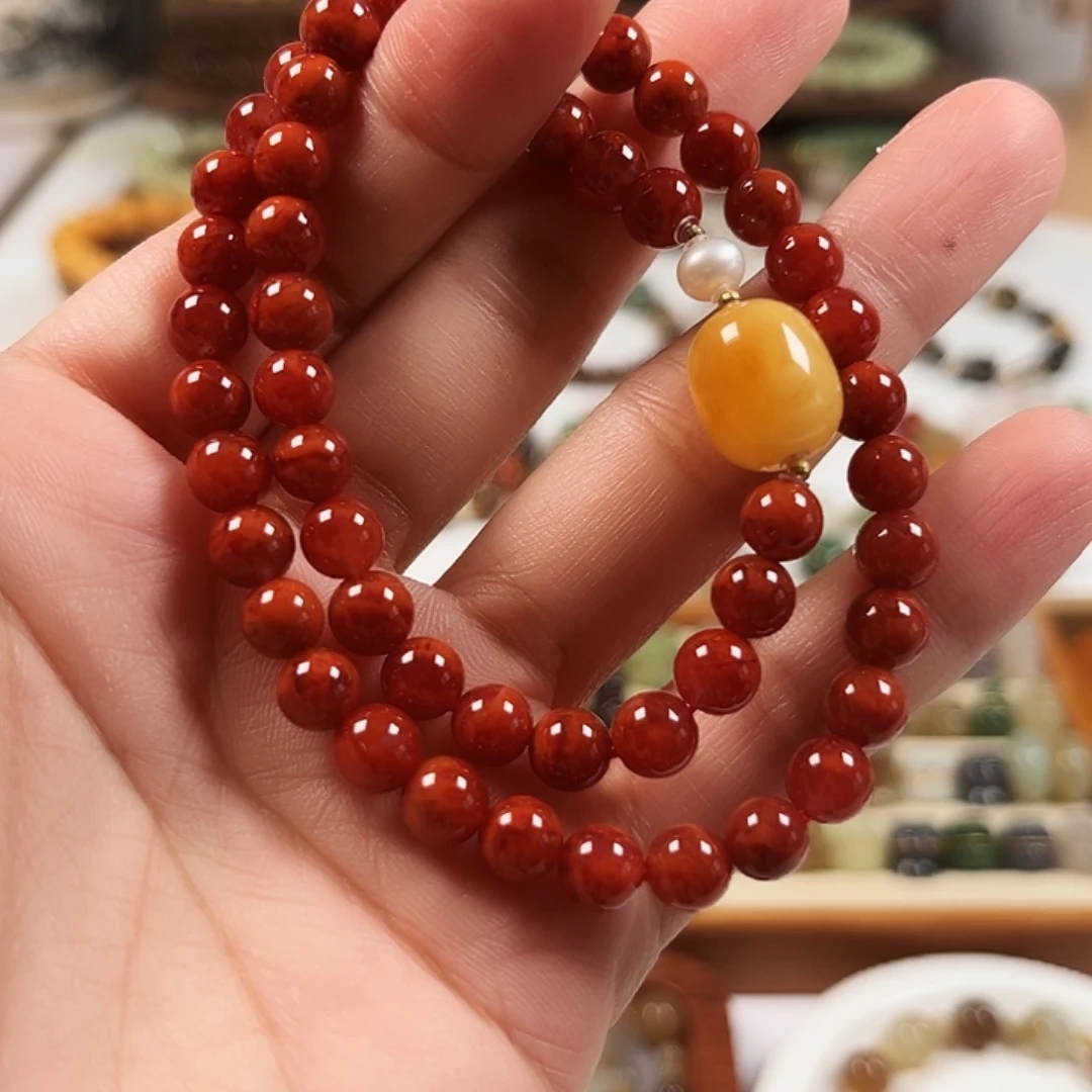 南红玛瑙18K金镶嵌1双圈手串