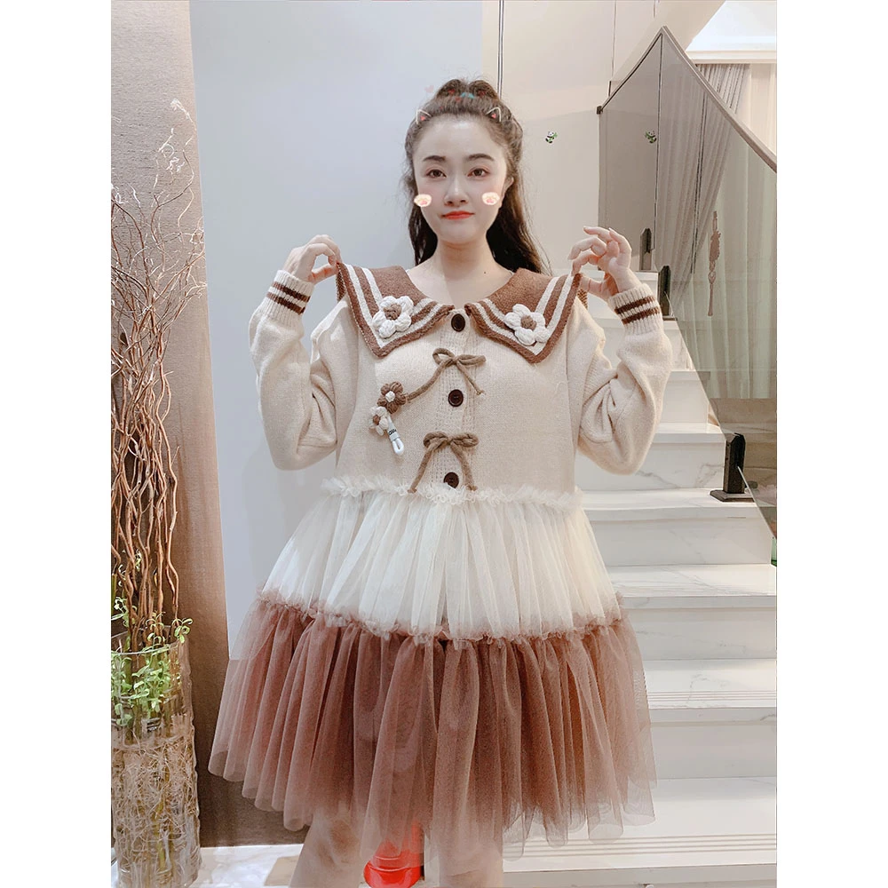 秋季新款海军风小众娃娃领高腰显瘦拼接网纱针织连衣裙女