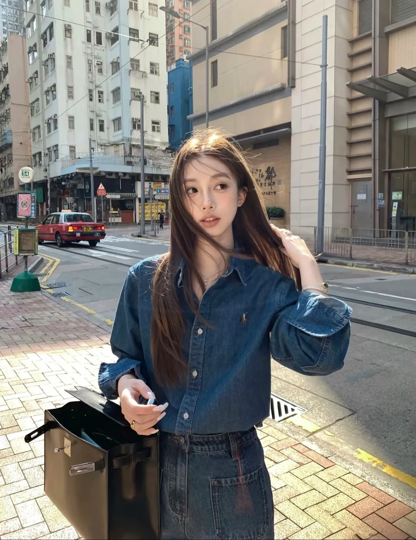 25新款RL小马骑士刺绣牛仔衬衫翻领长袖休闲老钱风女款