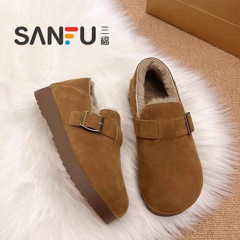 三福新款全包厚底勃肯鞋女2025冬季加绒棉鞋毛毛鞋加厚保暖雪地靴