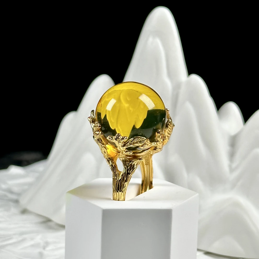 芷桦珠宝-天然墨西哥蓝珀20+mm戒指开花结果女士时尚大气精致女戒