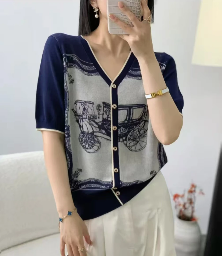 110-200斤100莱赛尔天丝拼色V领条纹短袖女宽松显瘦针织t恤上衣