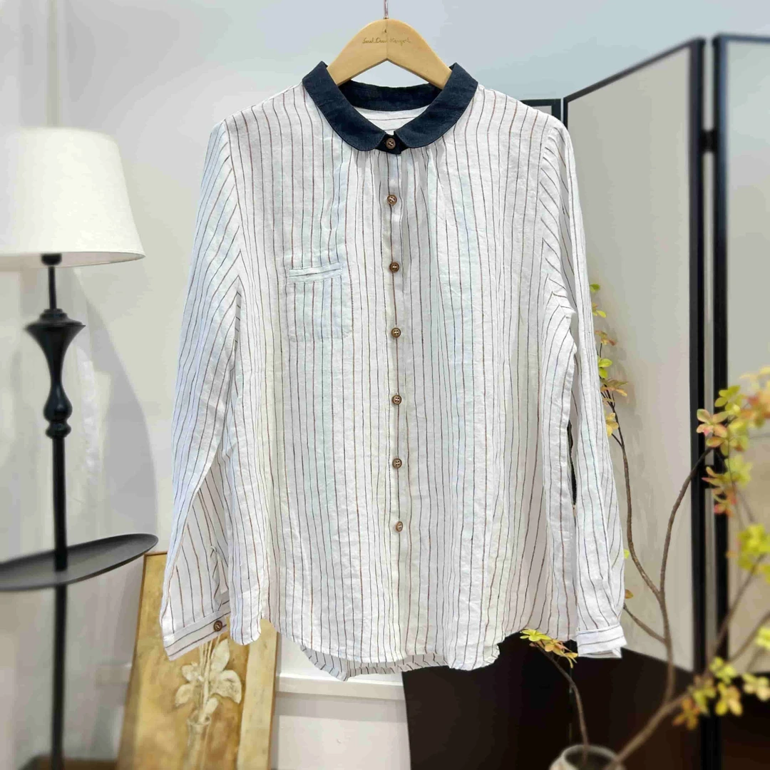 【萨拉迪恩】条纹休闲百搭麻上衣秋款衬衫内搭外套