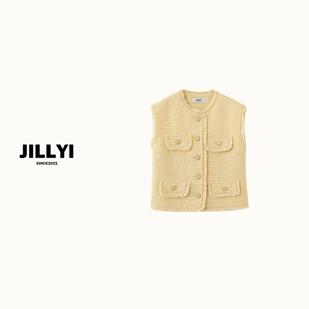 jillyi【姜黄少女】蛋黄色圆领单排扣流苏工艺马甲简约时尚百搭