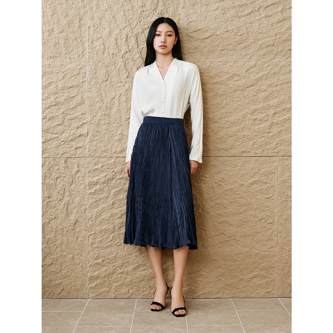 INSUN恩裳专选2025春季海岛丝压褶高腰A字半身裙9C65150120