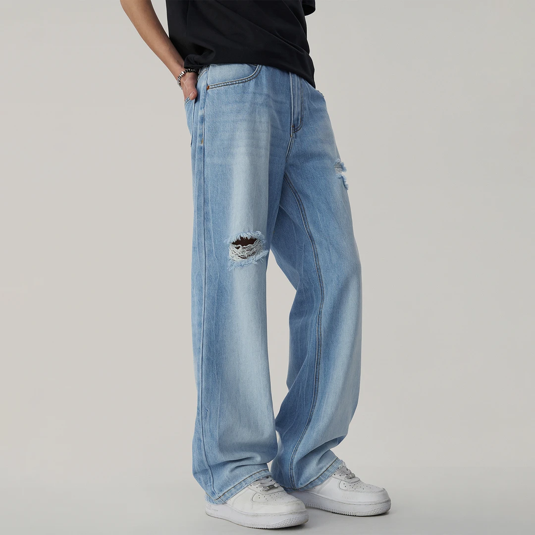 美式高街浅色破洞透气薄款牛仔裤男春季新款潮流休闲宽松阔腿裤子