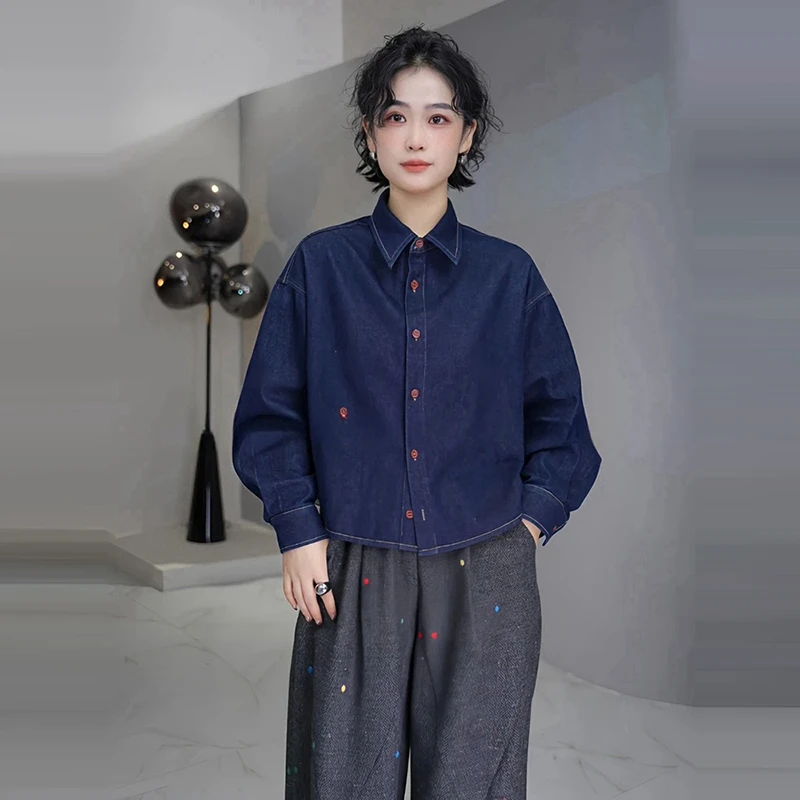 春季新款女装简约通勤小个子单排扣长袖牛仔衬衫外套洋气时髦上衣