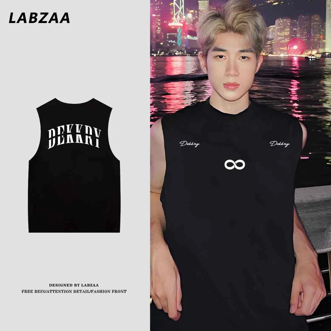 labzaa创意字母印花无袖背心男夏季潮牌宽松纯棉坎肩打底衫上衣