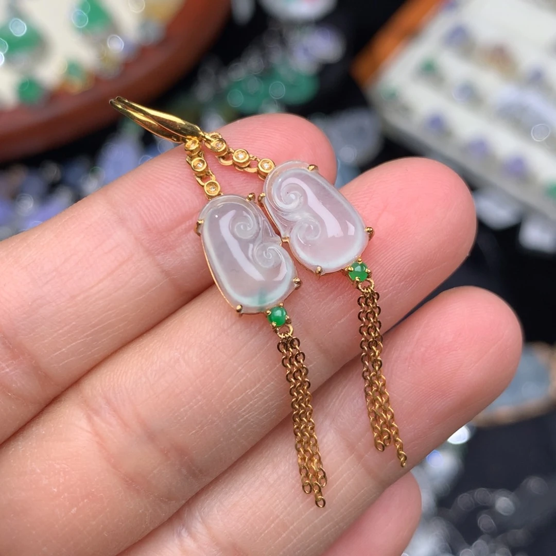 翡翠耳饰18K金镶嵌如意耳勾