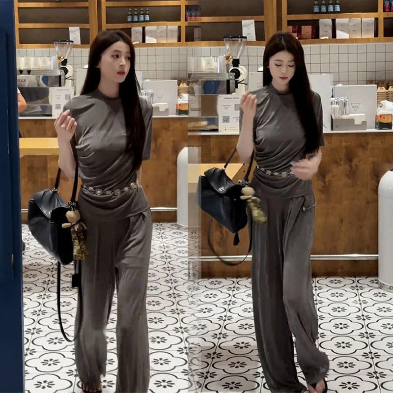 夏装时尚设计感名媛风小众不撞款纯色套装短袖T恤休闲裤千金风女