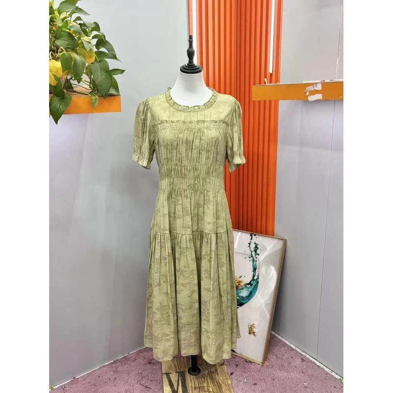 T1392夏季长款时尚简约系扣连衣裙印花 短袖绿色提花  B-2