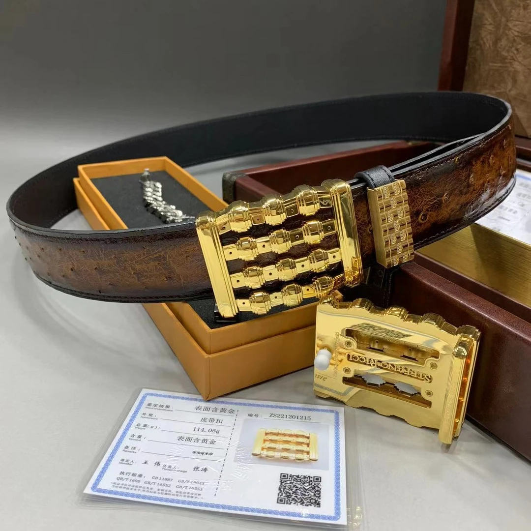 史蒂芬森皮带鸵鸟皮带黑色真皮腰带男款24K包真黄金鹰头扣百搭扣