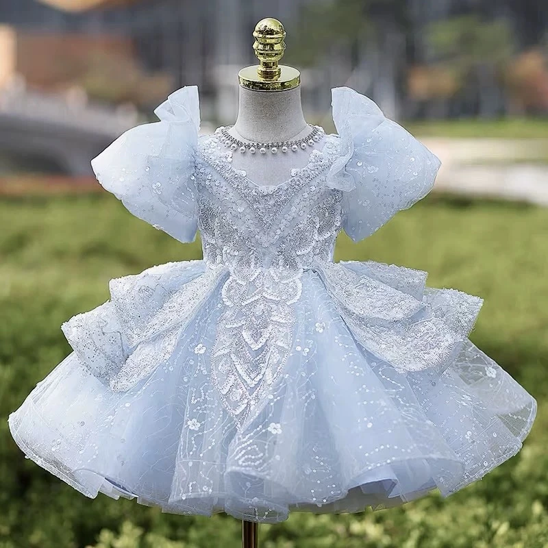 【冰雪女王短款】蓝色女童主持人晚礼服钢琴演出服儿童公主裙