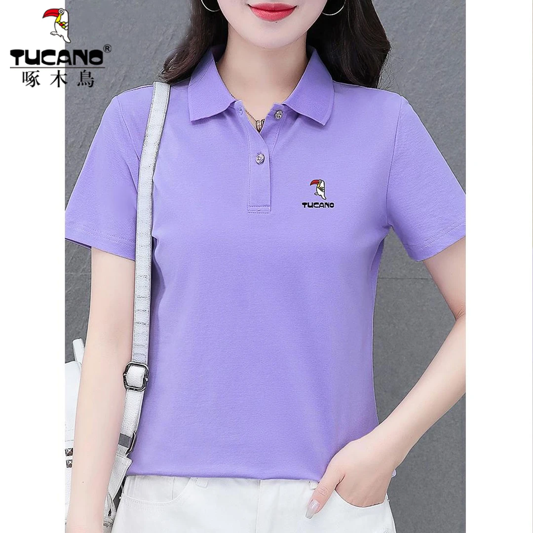 啄木鸟~翻领短袖t恤女夏季2025新款时尚减龄妈妈装绣花polo衫上衣