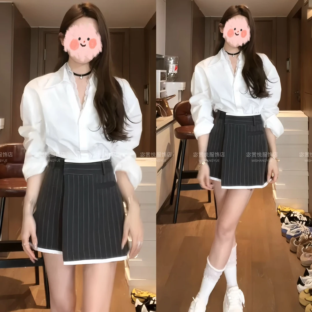 韩系穿搭套装女2025新款爆款洋气时尚减龄网红白色衬衫+条纹短裙