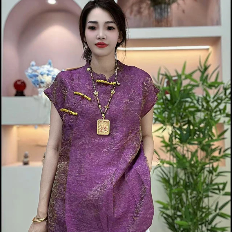 【西红柿】2025夏季新中式旗袍领包肩袖薄款衬衫复古半袖大码上衣