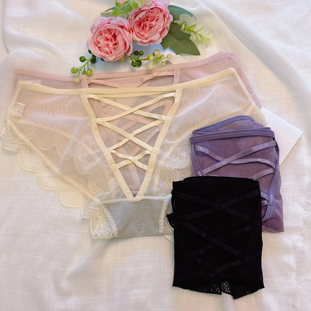 性感轻奢轻薄柔软蕾丝边绑带镂空诱惑网纱夏季低腰女三角裤头
