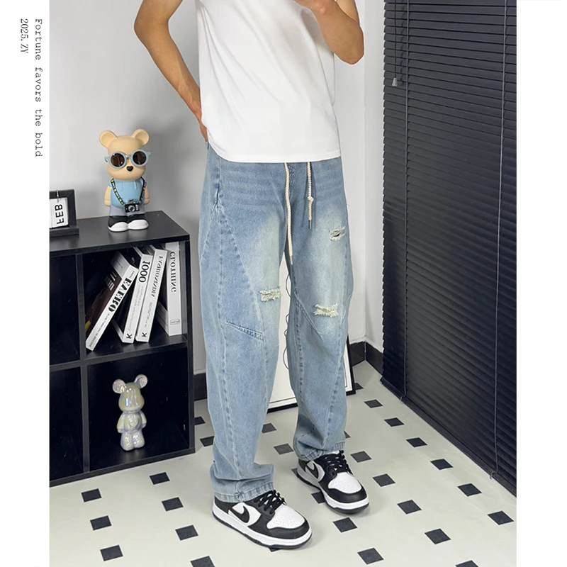 夏季爆款破洞牛仔裤男美式水洗微喇宽松直筒裤2025新款水洗长裤