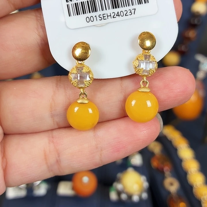 琥珀银S925镀金镶嵌耳饰