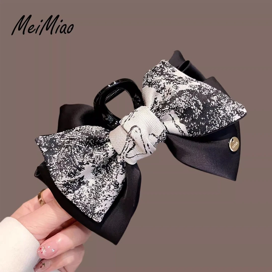 高级感水墨画大蝴蝶结发夹韩国气质后脑勺头饰鲨鱼夹时尚百搭抓夹