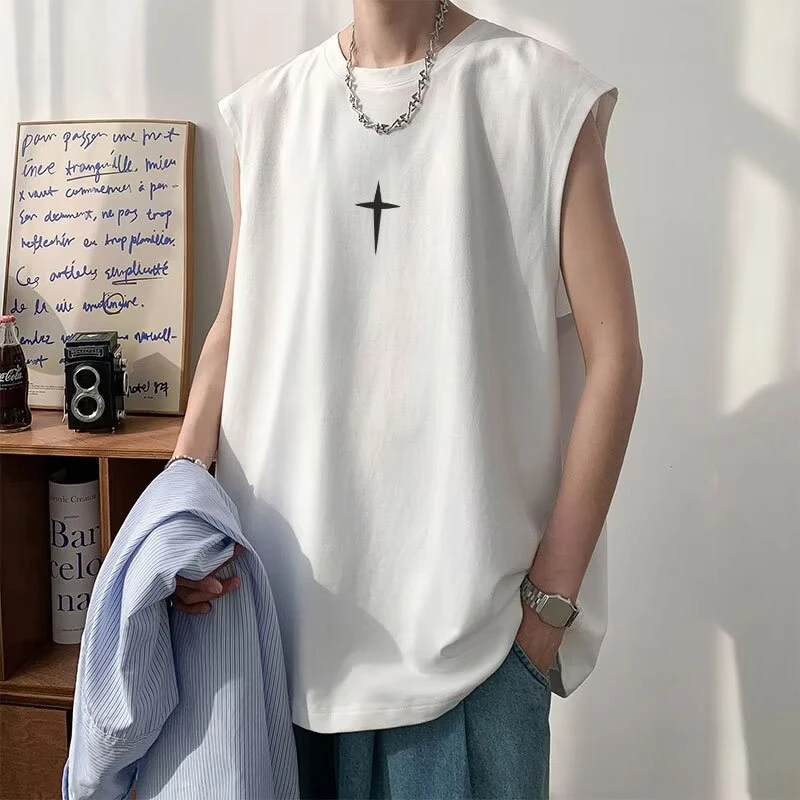 新款无袖背心男夏季潮牌美式高街ins无袖t恤简约圆领运动坎肩上衣