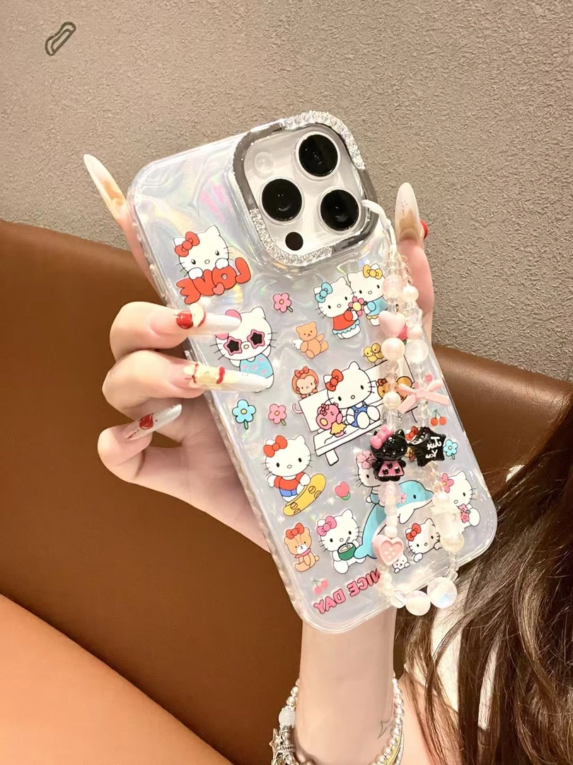 卡通可爱KT绸缎纹壳适用苹果16/15/14/13防摔手机壳