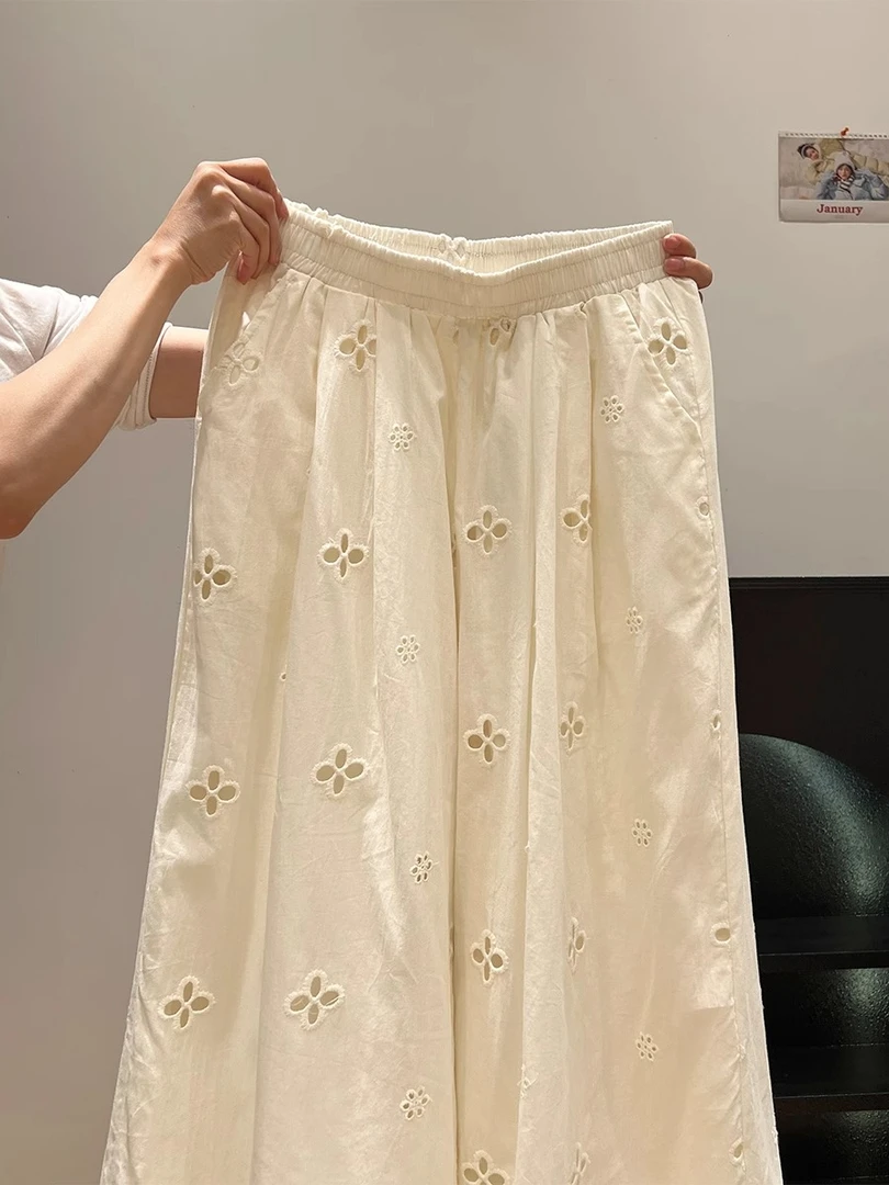 韩版淡人钩花镂空高腰休闲裤2025夏季新款宽松拼接阔腿裤