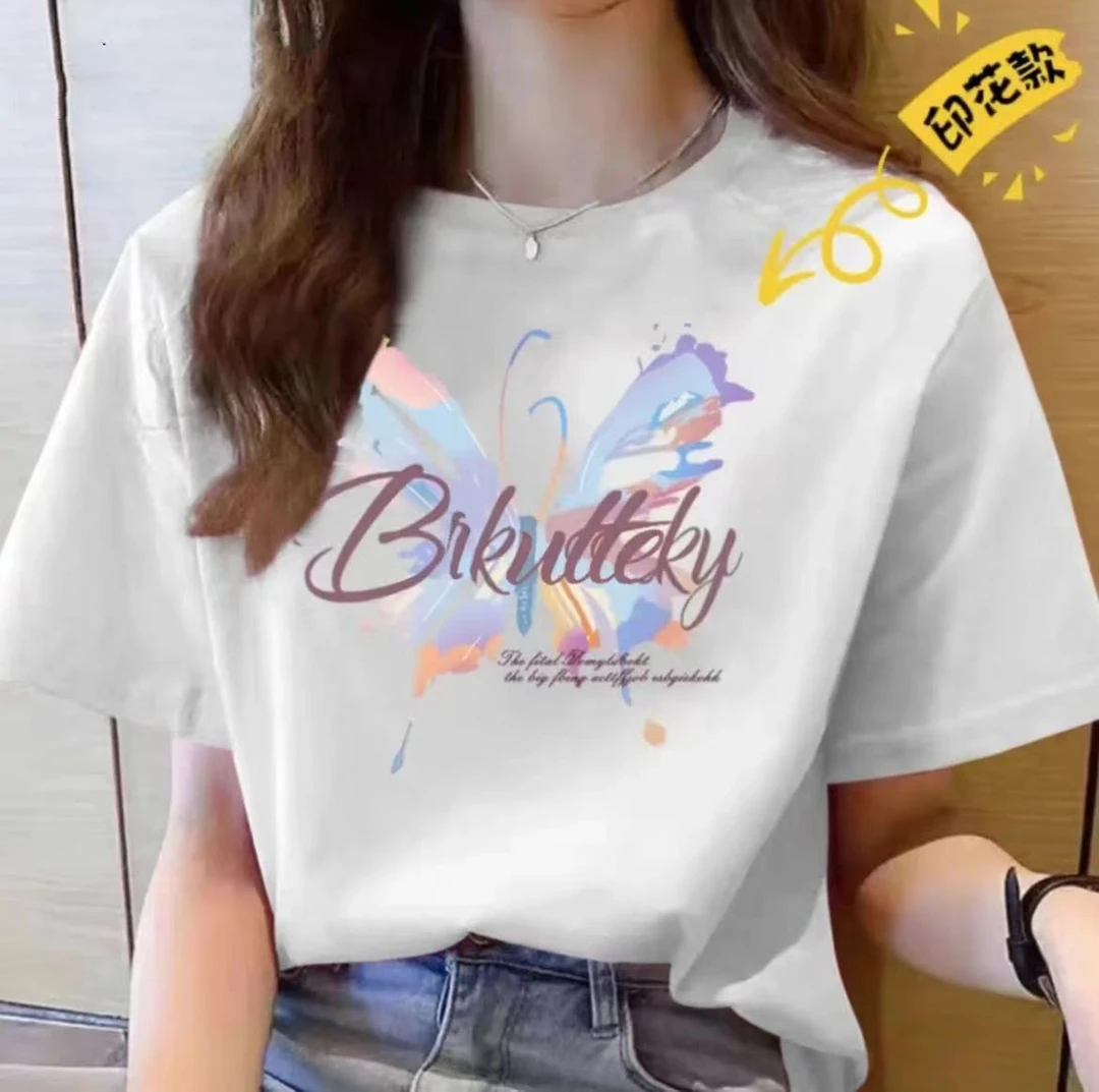 时尚圆领男女情侣同款休闲百搭印花T恤-B字母蝴蝶