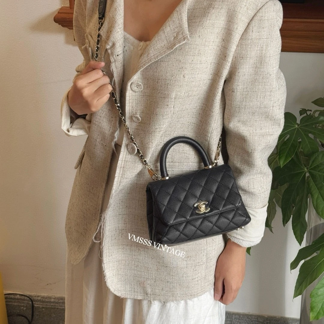 99新 Chanel/香奈儿 coco handle 小号黑色小号荔枝单肩48956