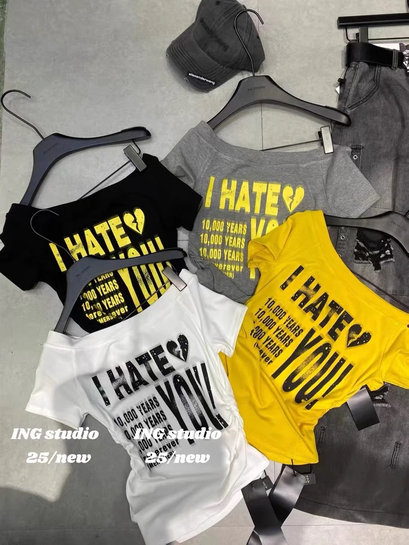 美式T恤斜领常规款时尚短袖印花百搭字母