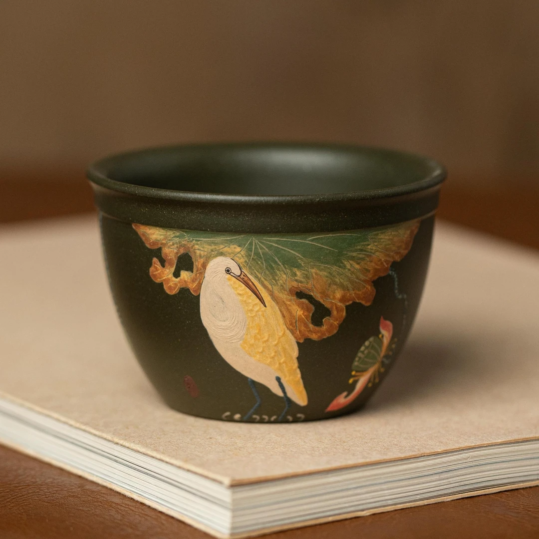 7152原矿紫砂茶具端绿泥全手工堆绘白鹭纯手工主人杯150ML左右FSY