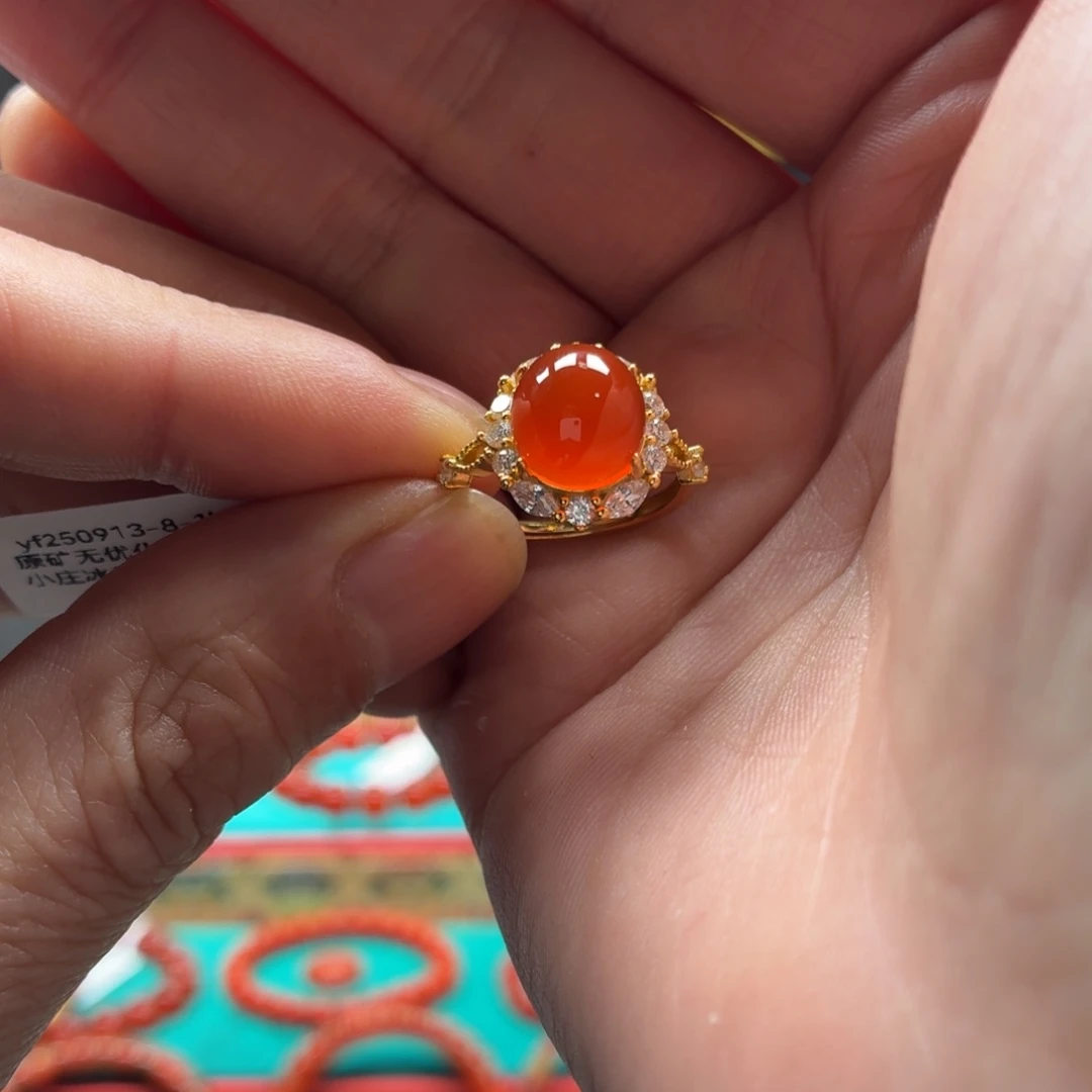 南红玛瑙银S925镶嵌戒指原矿保山南红小庄冰黄女戒