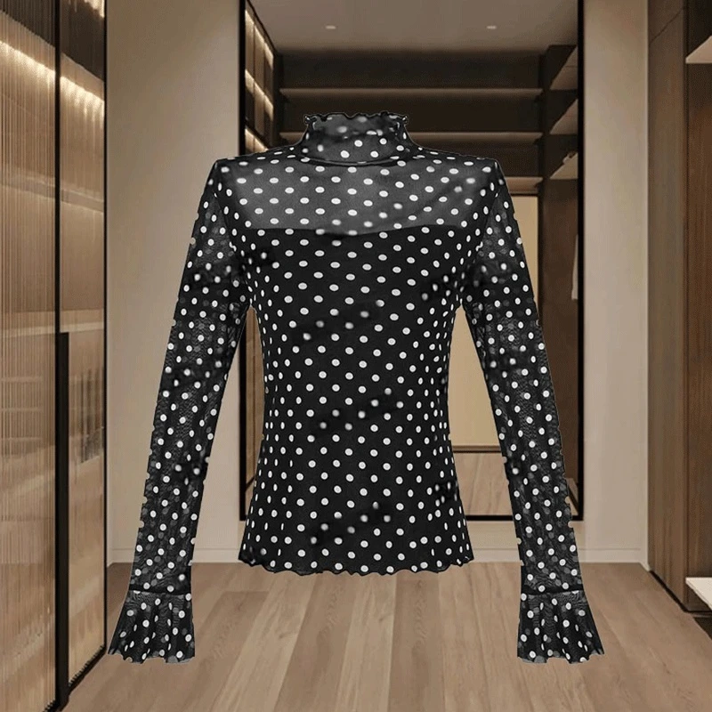 纯欲黑色网纱长袖打底波点T恤女夏季2025年新款透气防晒罩衫上衣