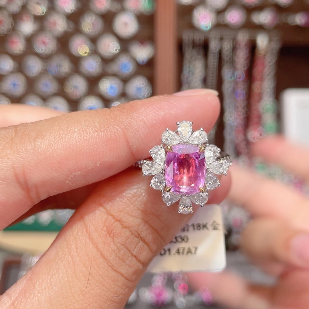 彩色蓝宝石戒指18K金镶嵌2.55ct 无烧帕帕