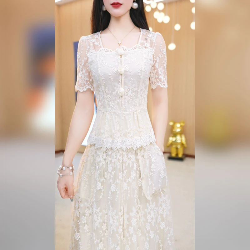 美瑞蕾丝拼接套装裙女2025新款夏修身显瘦优雅爆款半身裙两件套潮