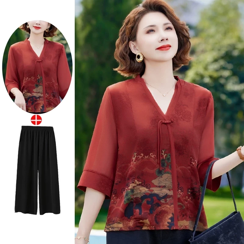 中老年贵夫人重磅仿真丝上衣女妈妈夏季半袖新中式仿香云纱