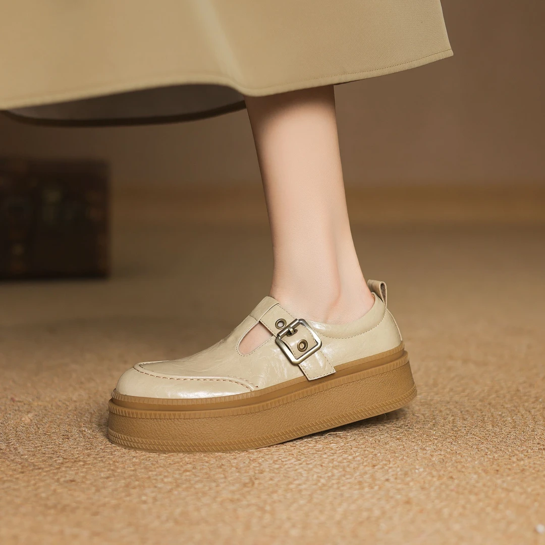 简约百搭羊皮厚底乐福鞋2025新款圆头时尚平底扣带休闲玛丽珍单鞋