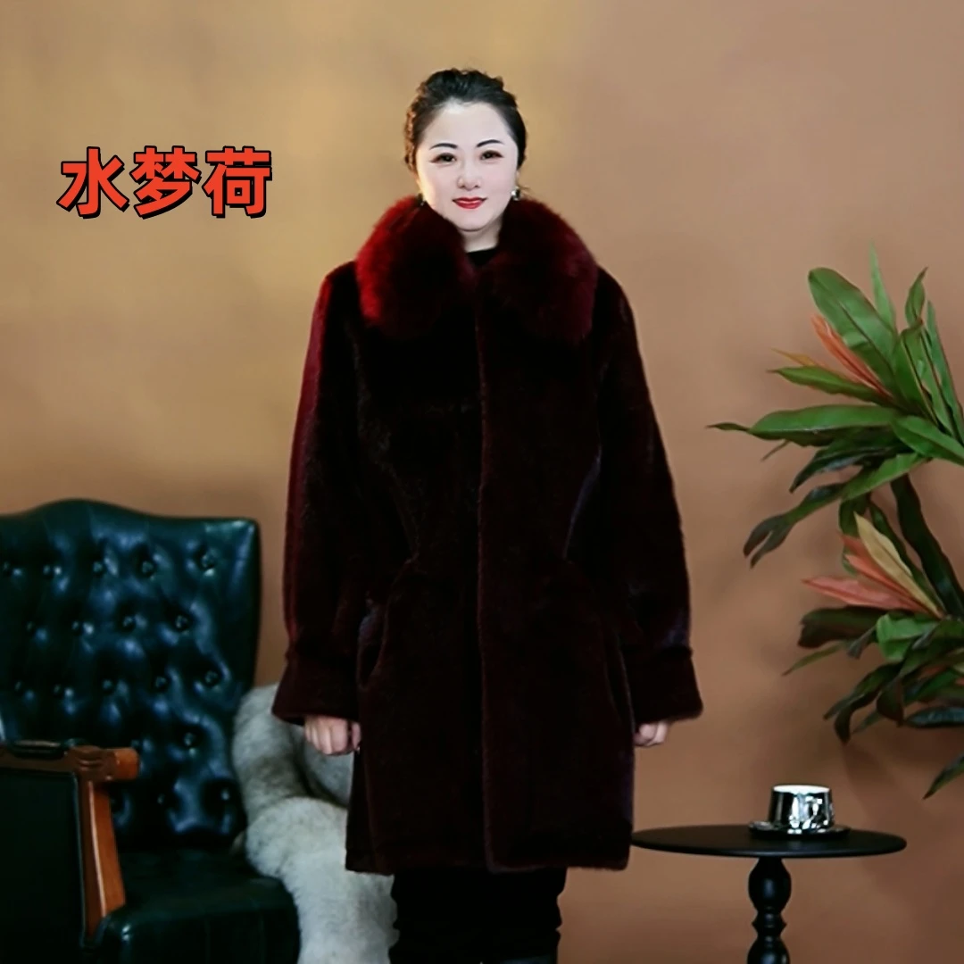 新款2924冬时尚保暖中长款皮毛一体狐狸毛领毛毛外套女