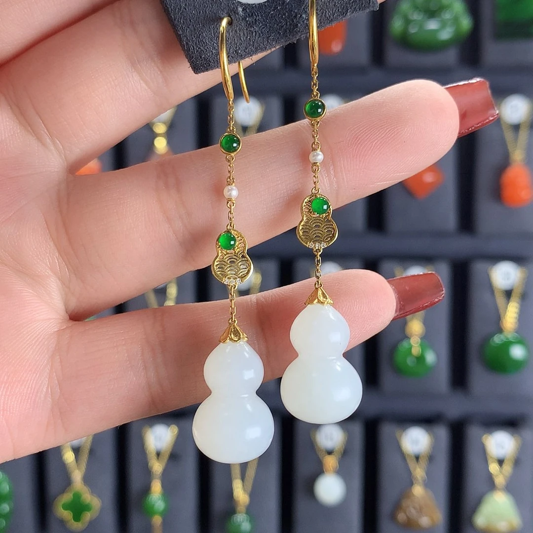 和田玉耳饰18K金镶嵌102