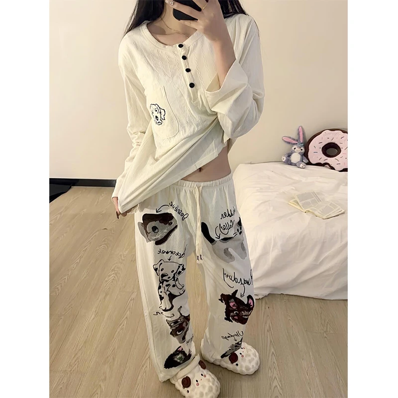 【涂鸦小狗】韩系可爱长袖睡衣女春夏季新款长裤家居服两件套可外穿