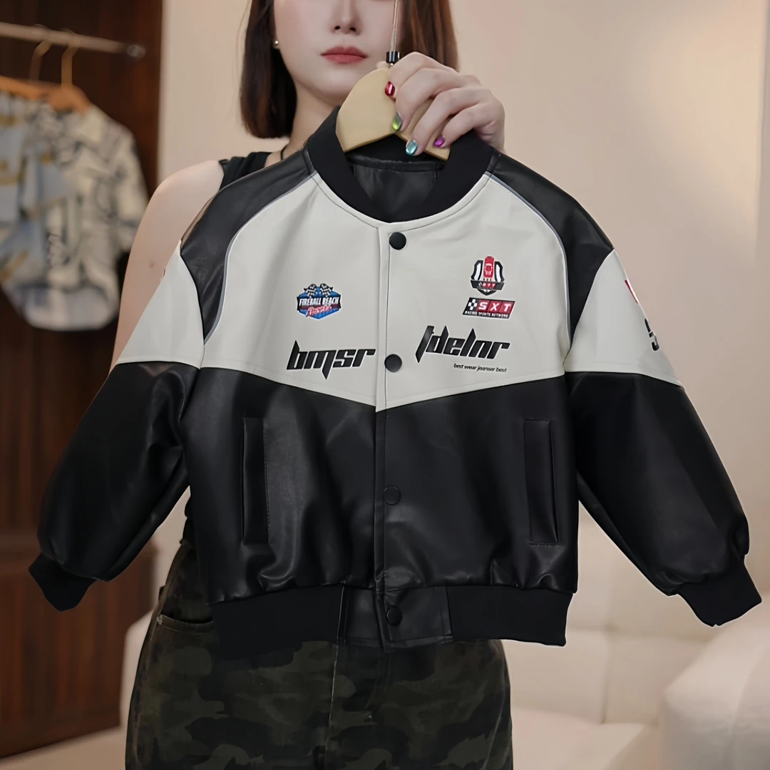 【鸭梨童品】机车服皮衣黑白酷帅韩版立领百搭春秋儿童皮衣yL10654