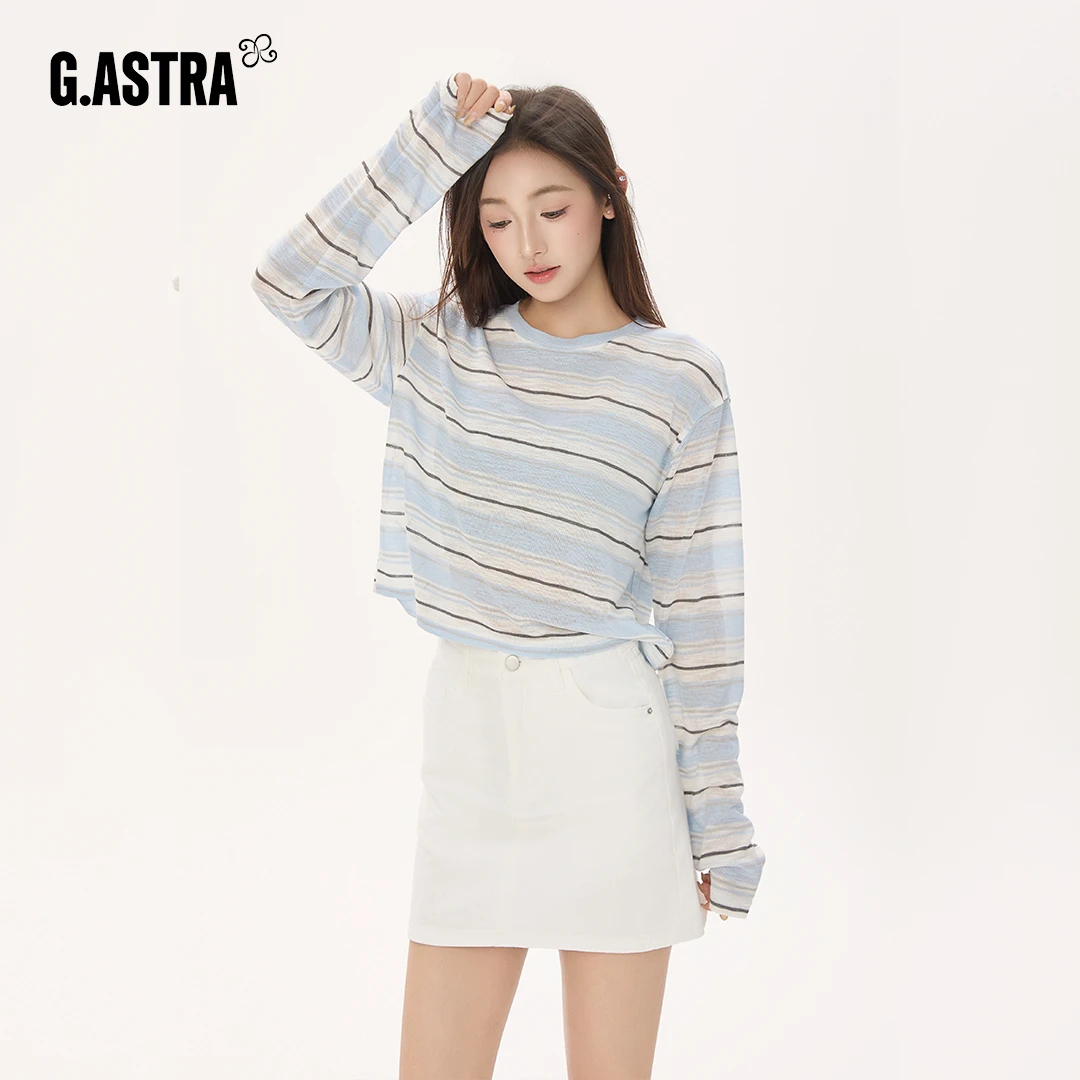 G.ASTRA早秋短款条纹针织后背镂空休闲上衣罩衫