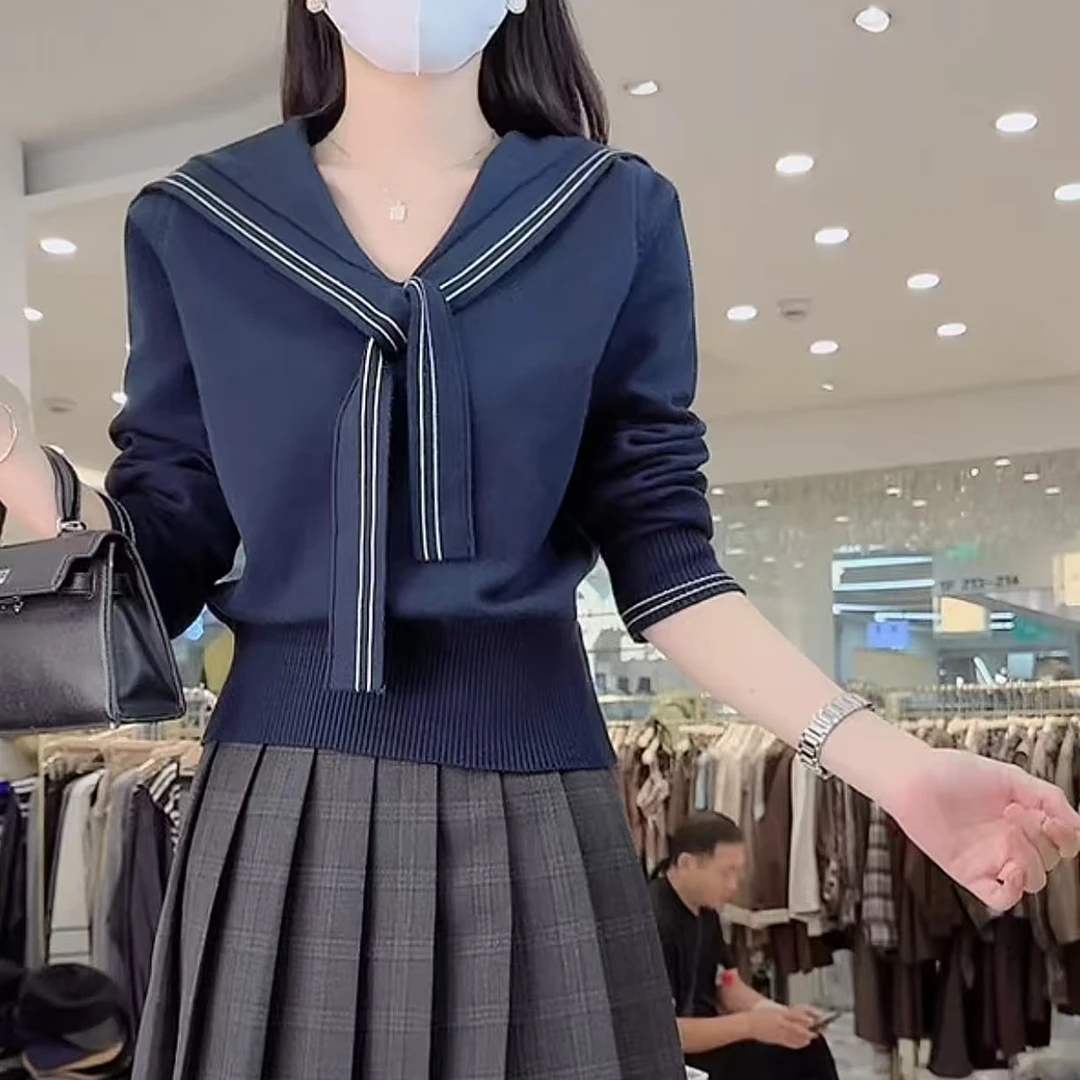 W0131海军领韩系学院风针织衫2025秋冬百搭设计感休闲显瘦上衣女