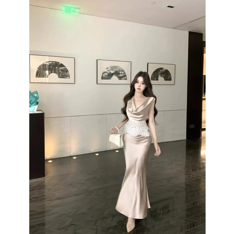 蕾丝拼接气质荡领无袖背心女夏季御姐高级感套装鱼尾半身裙两件套