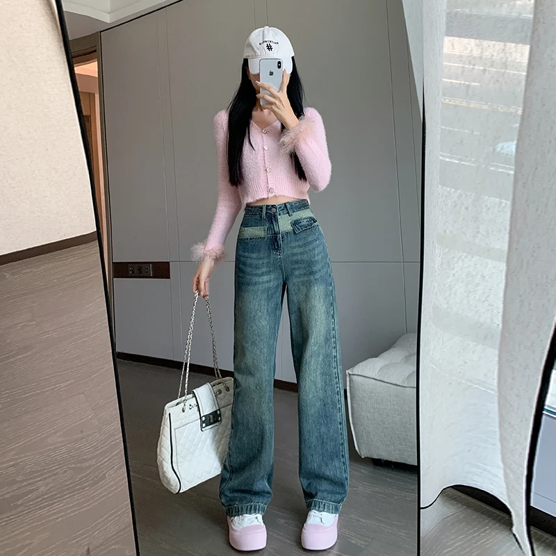 2192#复古蓝无弹力春秋高腰百搭直筒宽松牛仔女裤夏季牛仔裤阔腿