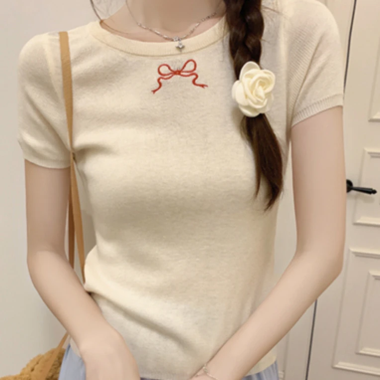 甜美风蝴蝶结刺绣短袖针织衫小个子短款圆领设计感露背小众980