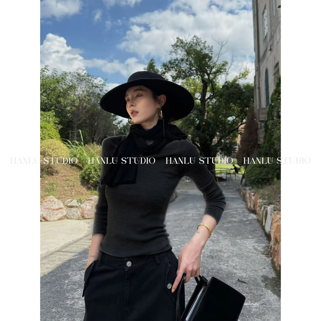 HanLu studio超细100精纺羊毛中高领打底花灰色针织长袖上衣