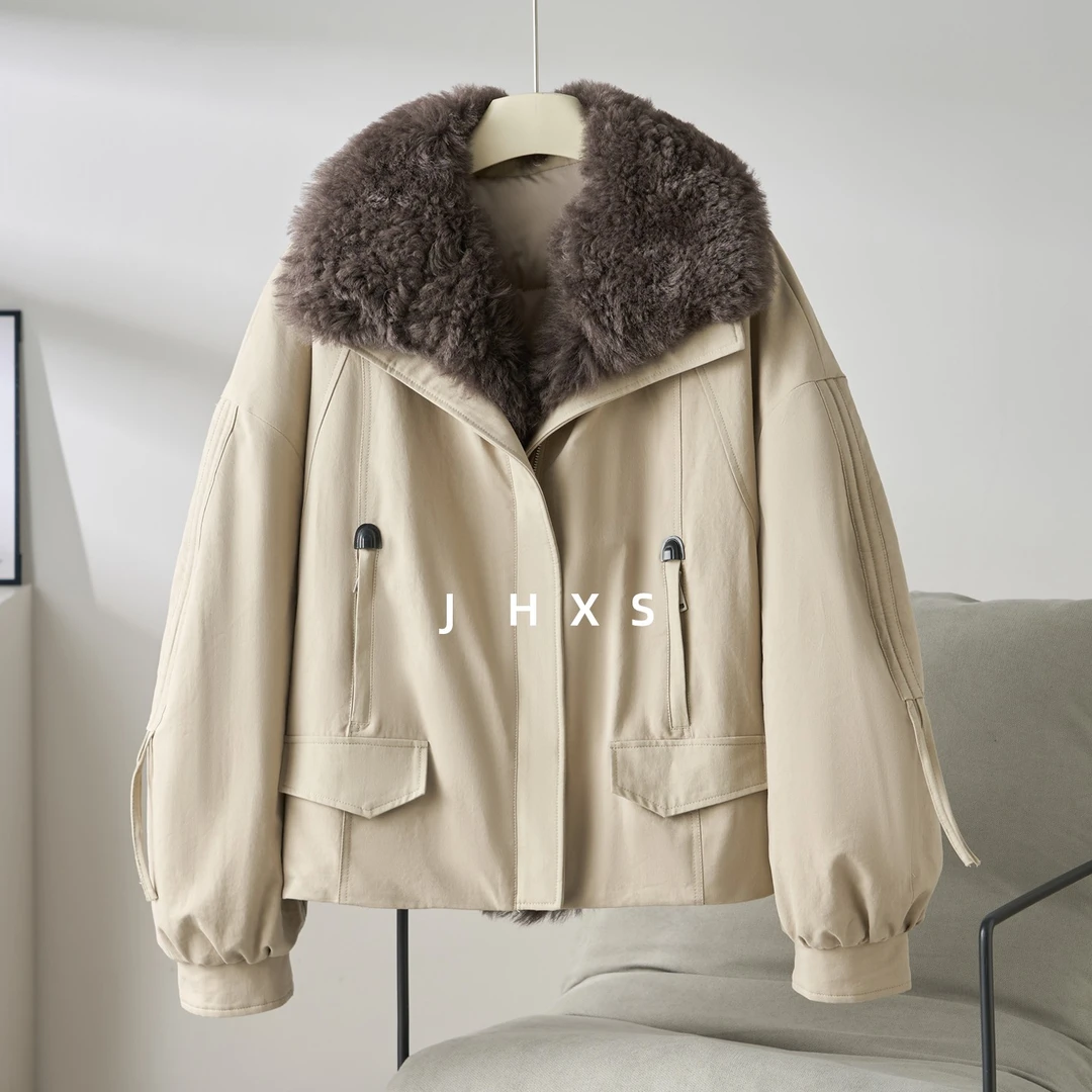 可拆卸羊皮毛一体 鹅绒 派克服女款2025新款女羽绒工装皮草外套